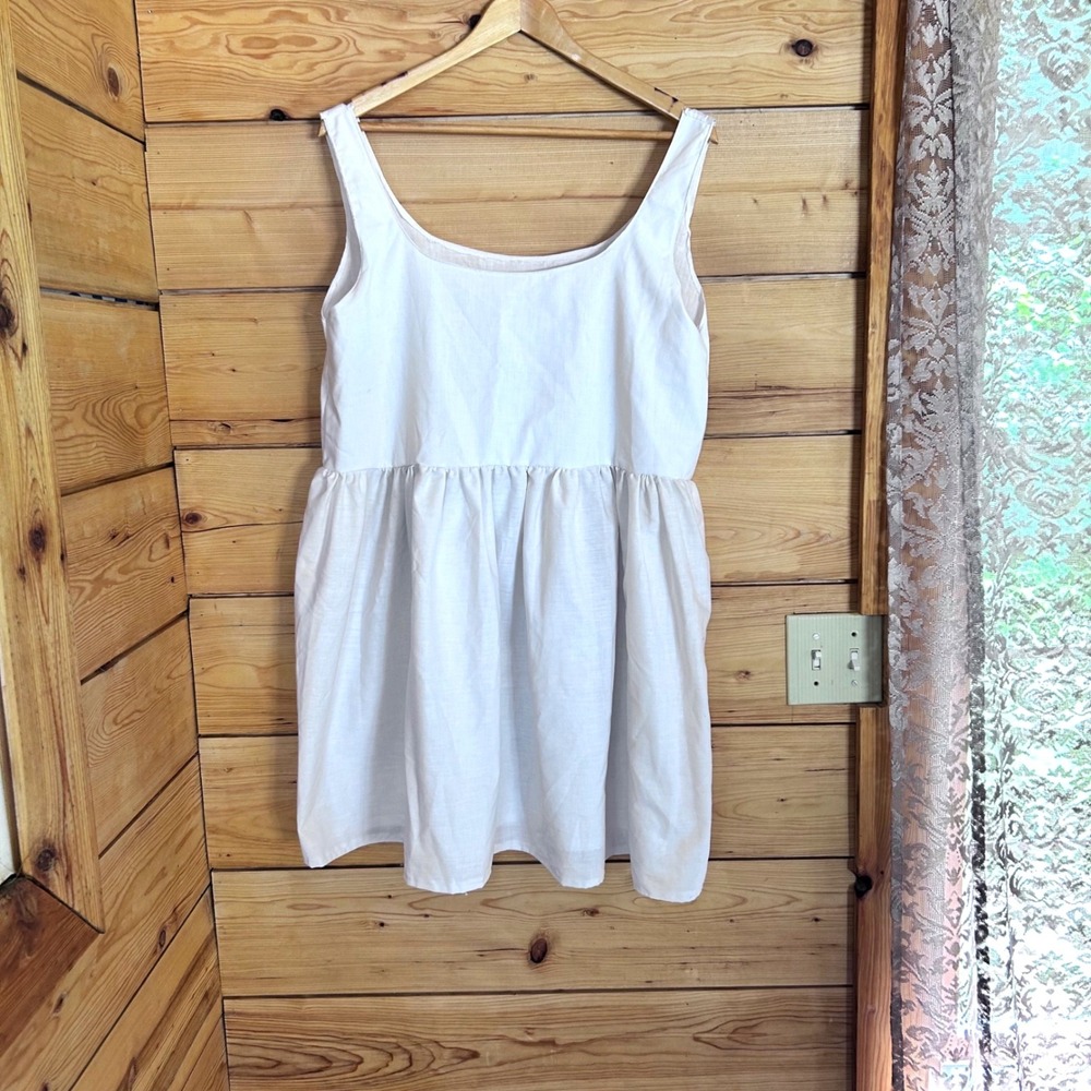 Linen Cotton Babydoll Dress Women Plus Size 1X 2X White Sleeveless Handmade OOAK